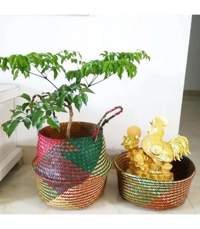 Grass Woven Hang Storage Bellied Basket Garden Plant Flower Pot